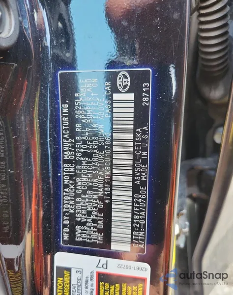 2012 Toyota Camry Base z USA, uszkodzony, nr VIN 4T1BF1FK8CU107862